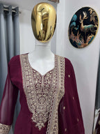 Teeya Creation Maroon Color Faux Georgette Embroidery Work Long Party Wear Gown | Grocsy