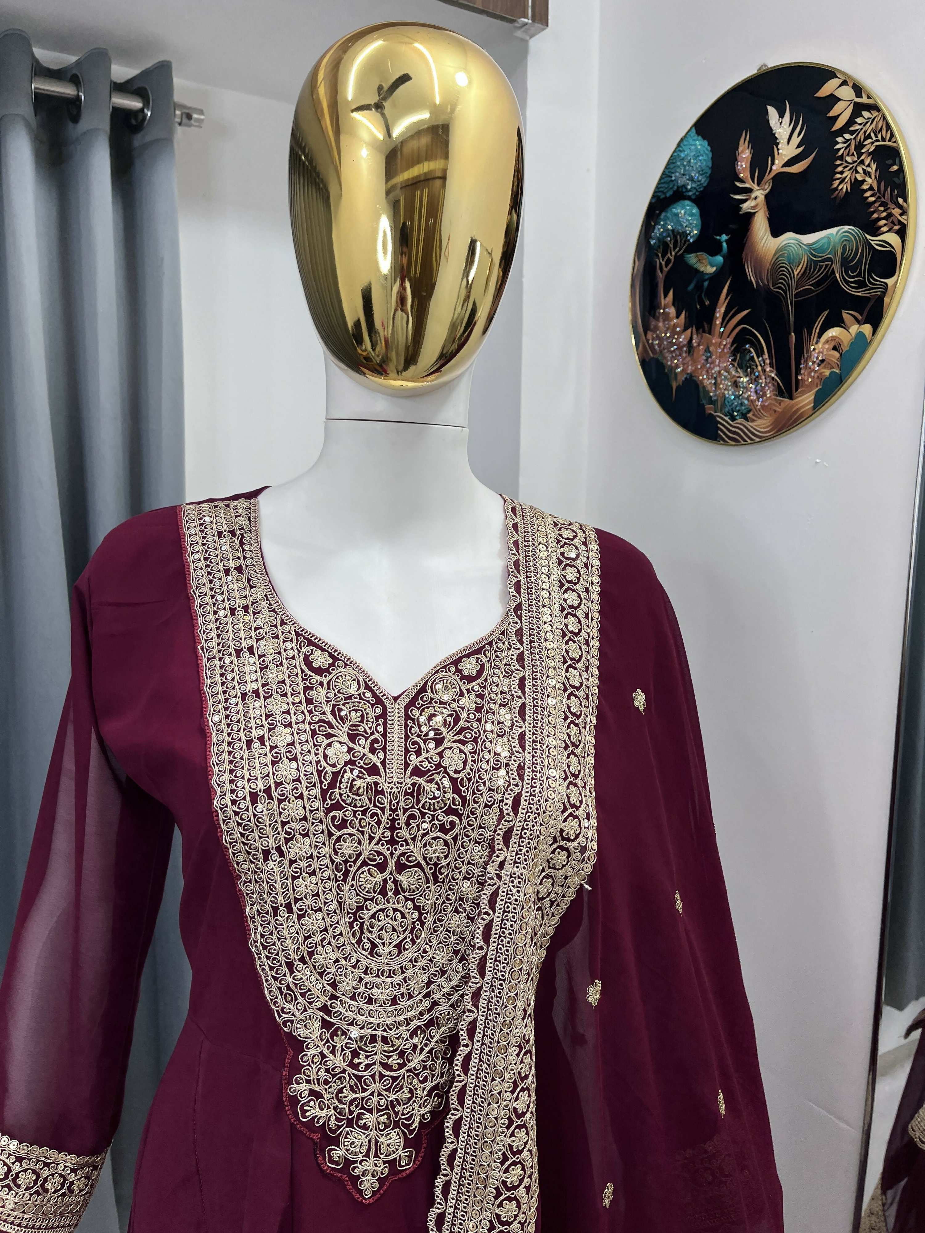 Teeya Creation Maroon Color Faux Georgette Embroidery Work Long Party Wear Gown | Grocsy