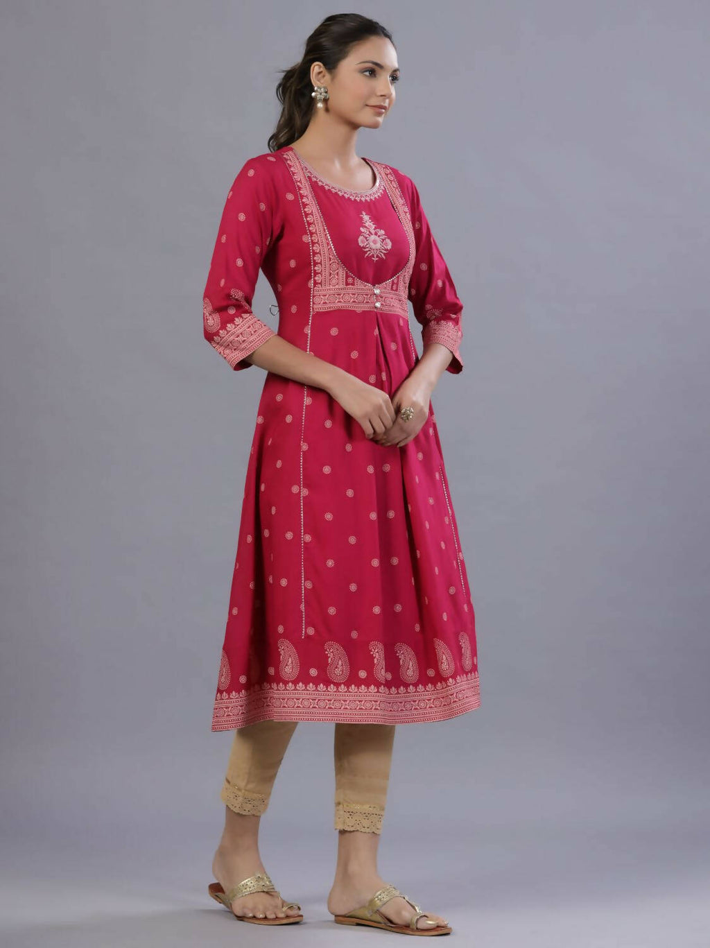 Juniper Women Fuchsia Rayon Printed A-Line Kurta | Grocsy