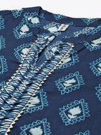 Yufta Women Blue & White Printed Pure Cotton Kurta with Trouser & Dupatta | Grocsy