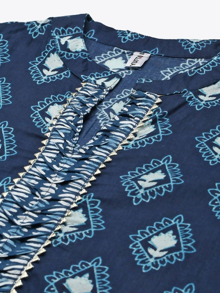 Yufta Women Blue & White Printed Pure Cotton Kurta with Trouser & Dupatta | Grocsy