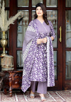 Miravan Women's Floral Block Printed Purple Angrakha Kurta And Palazzo With Dupatta Set | Grocsy