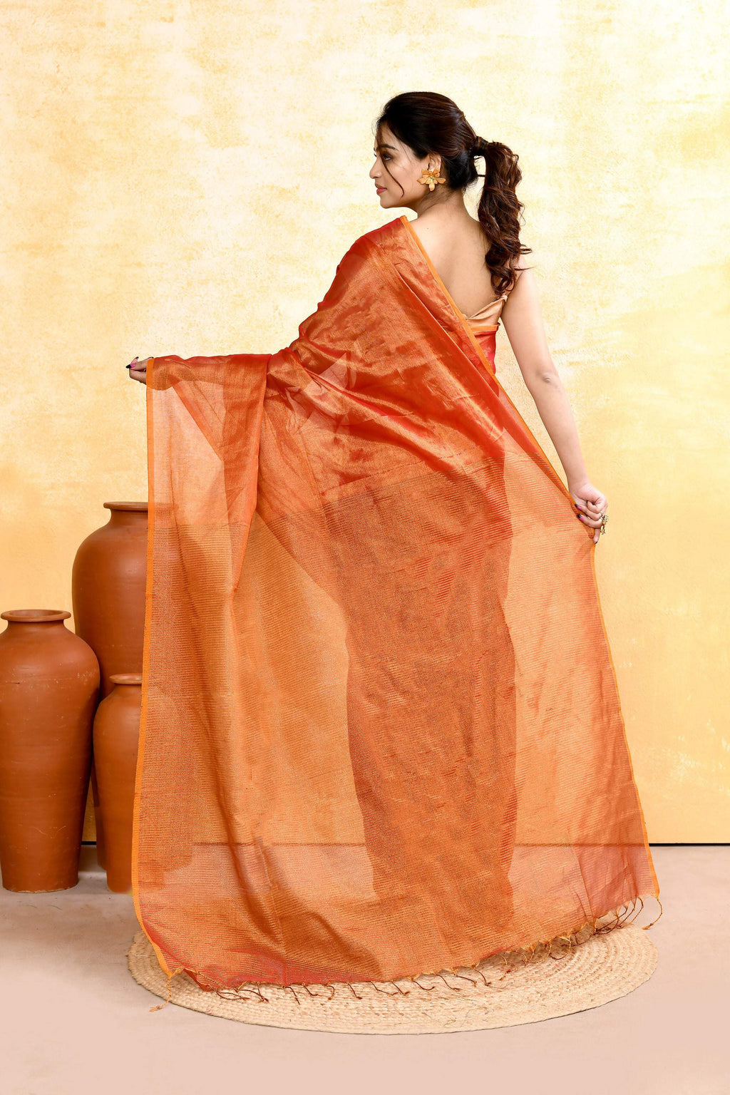 Piyari Fashion Women's Rust Dual Tone Organic Tissue Saree With Blouse Piece | Grocsy