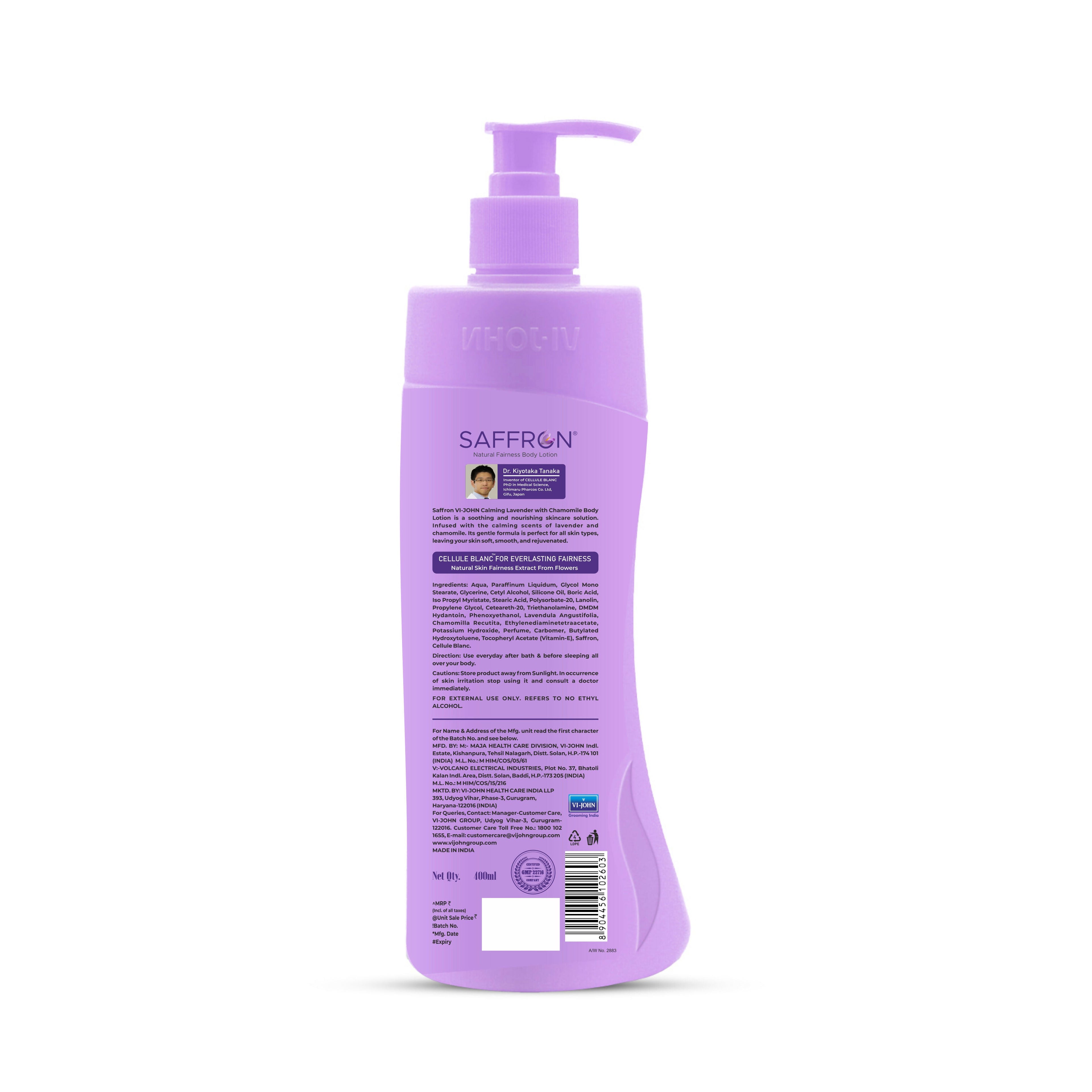 VI-JOHN Saffron Natural Fairness Body Lotion Calming Lavender with Chamomile Natural Moisturiser For Soft, Even-Toned & Radiant Skin Suitable for All Skin Types | Grocsy