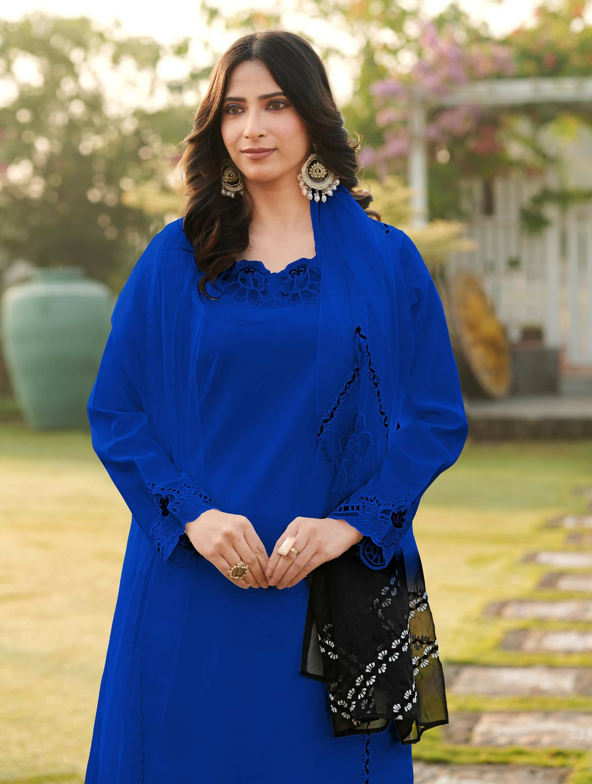 Nikhaar Royal Blue Embroidered Art Silk Stitched Straight Cut Kurta Palazzo Dupatta Readymade Suit | Grocsy