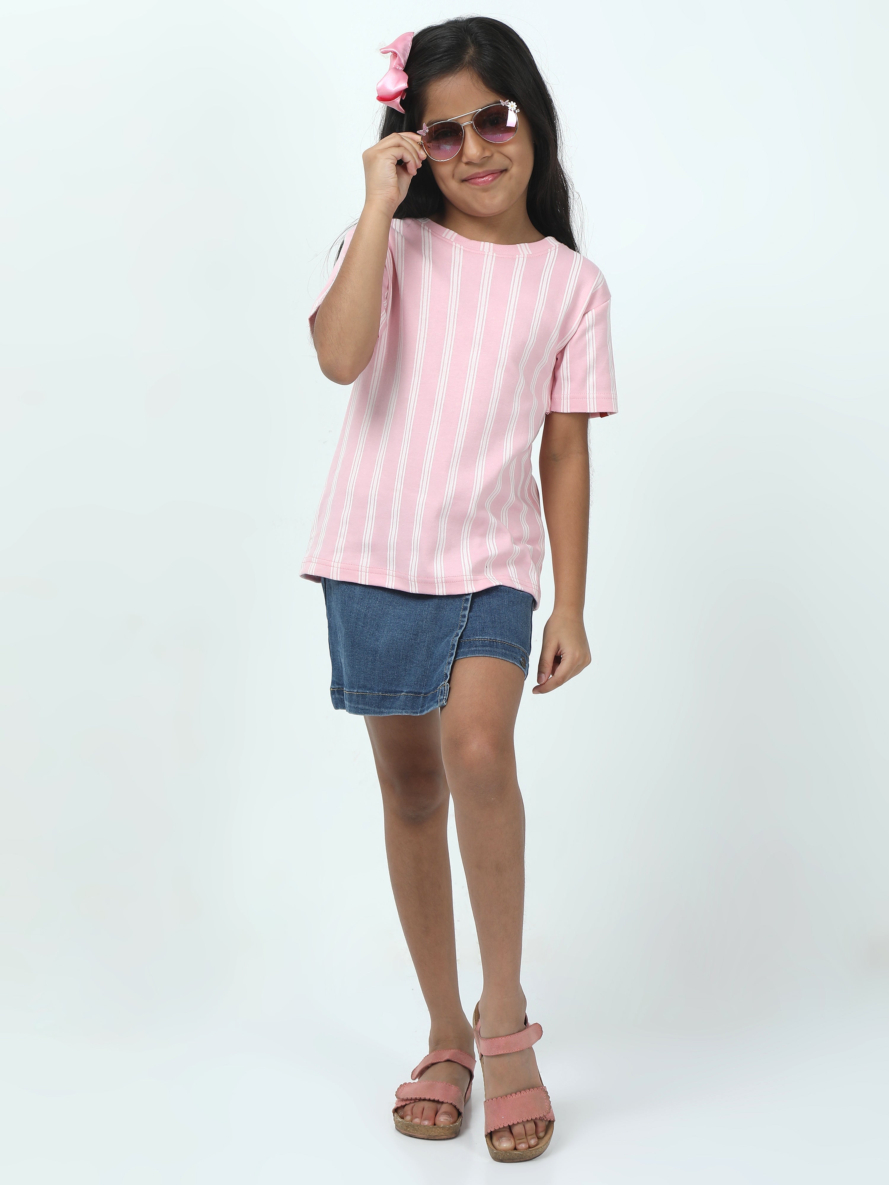 Chilins Kids Girls Regular Fit T-Shirt- Pink Strip | Grocsy
