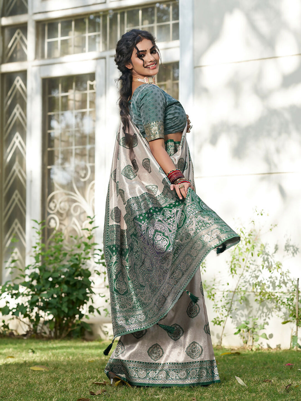 Shree Shyam Fashion Cream With Dark Green Silk Blend Saree | Grocsy