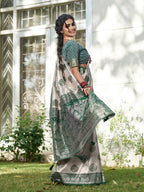 Shree Shyam Fashion Cream With Dark Green Silk Blend Saree | Grocsy