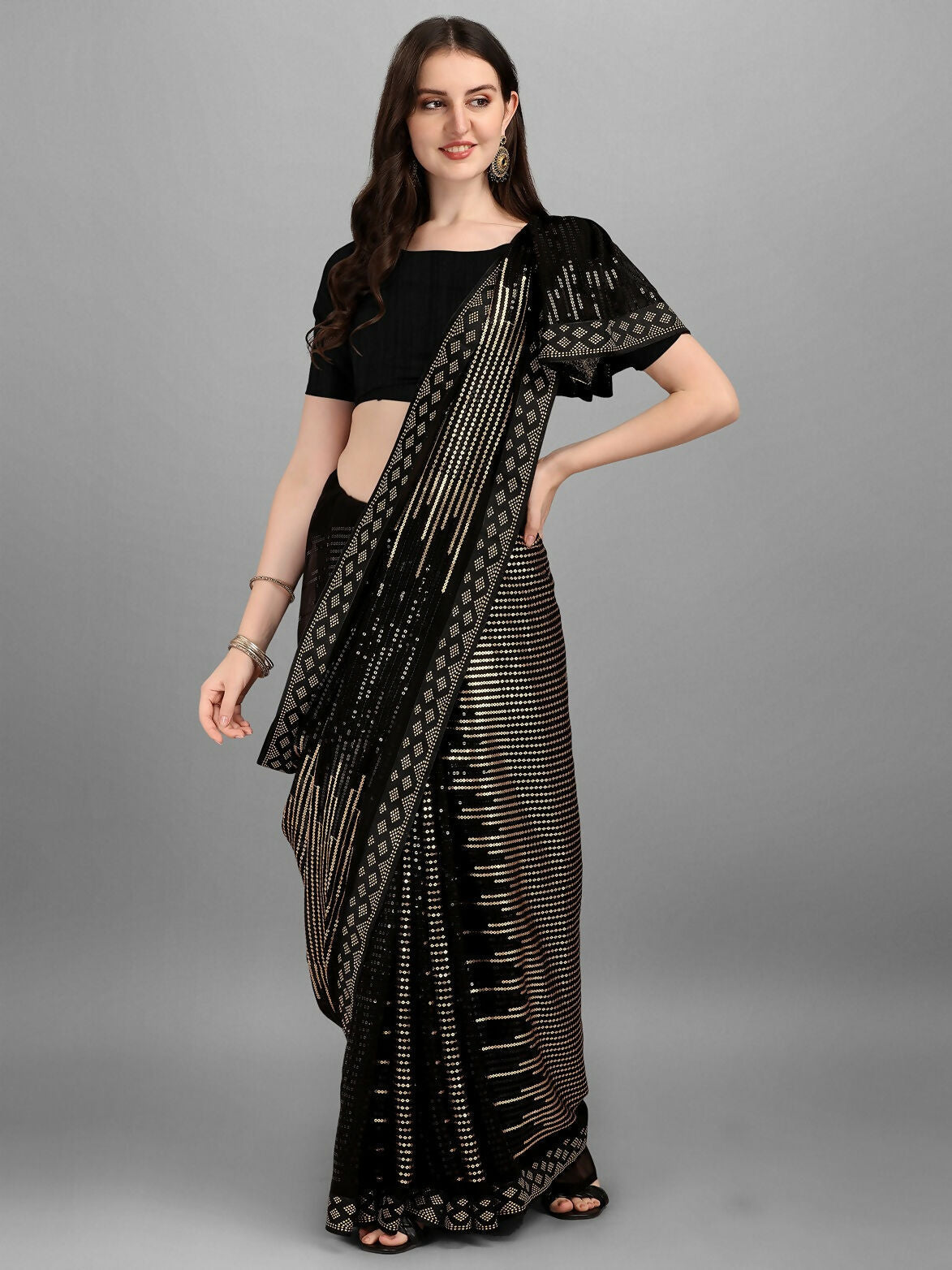 Vegaa Fashion Black Georgette Embroidered Party Wear Saree | Grocsy