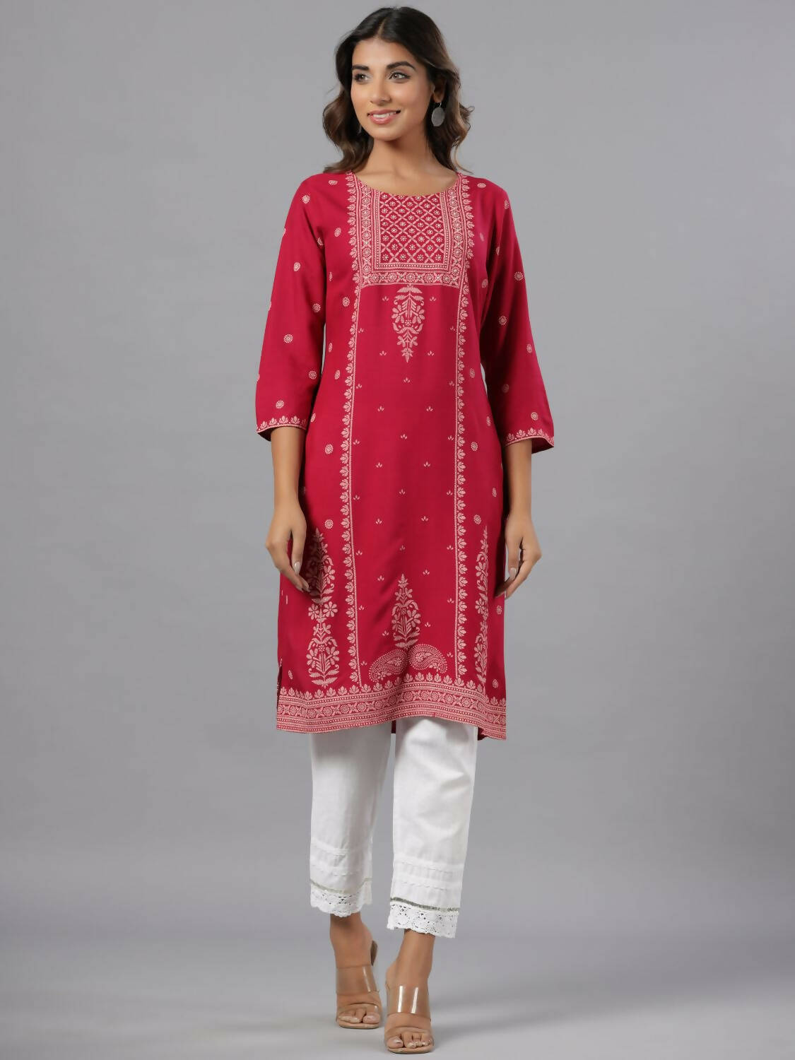 Juniper Women Fuchsia Rayon Printed Knee Length Straight Kurta | Grocsy