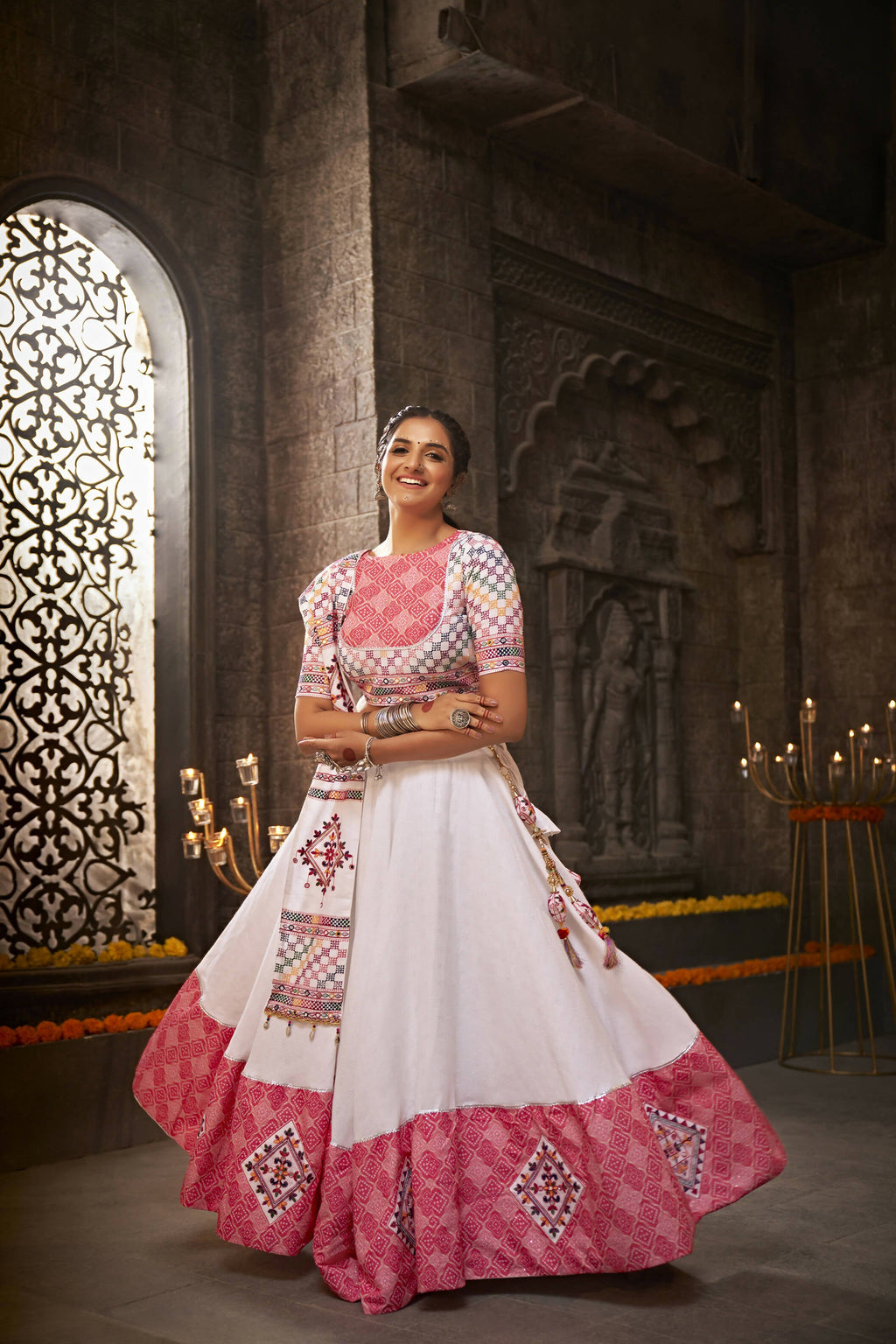 White Jacqard Cotton Thread Embroidered Navratri Lehenga Choli with Dupatta - Raas | Grocsy