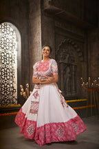 White Jacqard Cotton Thread Embroidered Navratri Lehenga Choli with Dupatta - Raas | Grocsy