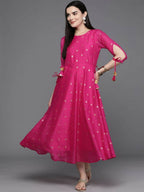 Ahalyaa Women Foil Printed A-Line Midi Ethnic Dress - Pink Color | Grocsy
