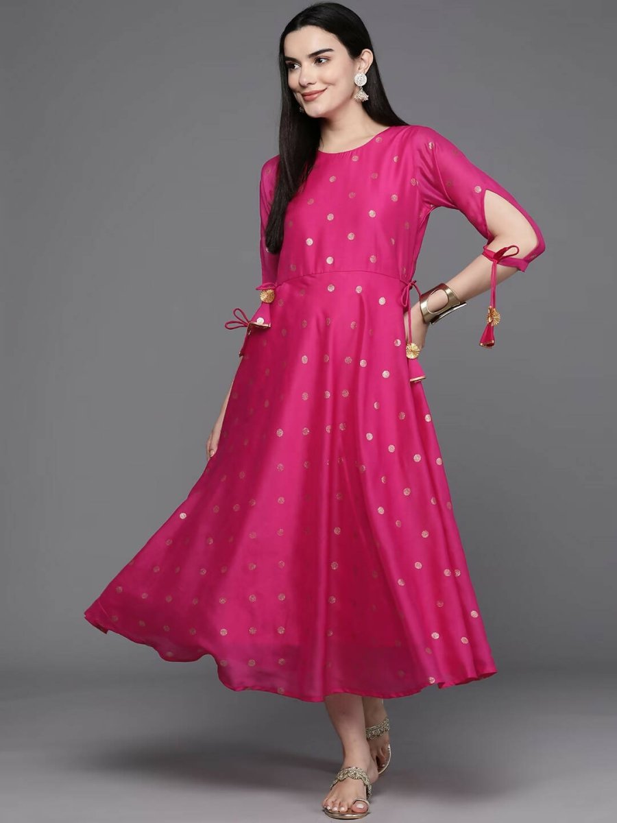 Ahalyaa Women Foil Printed A-Line Midi Ethnic Dress - Pink Color | Grocsy