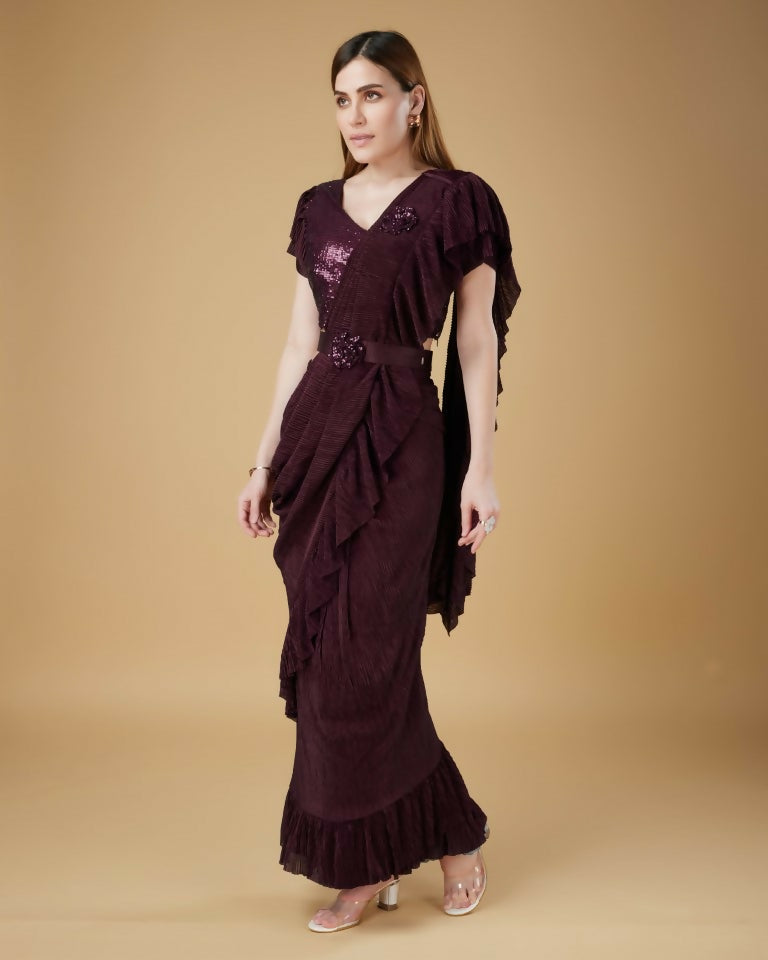 Wine Imported Crush Solid Ready to Wear Saree with stitched Blouse - Aayan | Grocsy