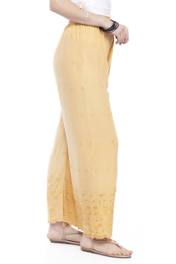 Mominos Fashion Reyon Cotton Dark Golden Embroidery Chikan Palazzo | Grocsy