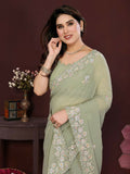 PR Fashion Pista Georgette Embroidery Work With Embroidery Work Blouse Saree | Grocsy