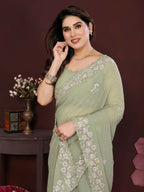 PR Fashion Pista Georgette Embroidery Work With Embroidery Work Blouse Saree | Grocsy