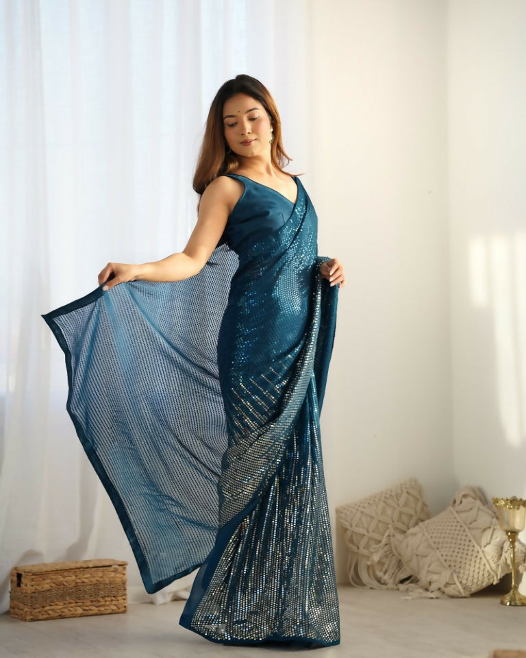 Petrol Georgette Designer Sequence Embroidery Work Saree - Sitare | Grocsy