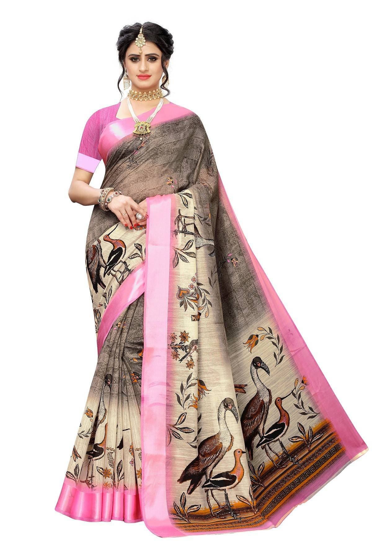 Vamika Pink Linen Digital Print with Satin Border Saree | Grocsy