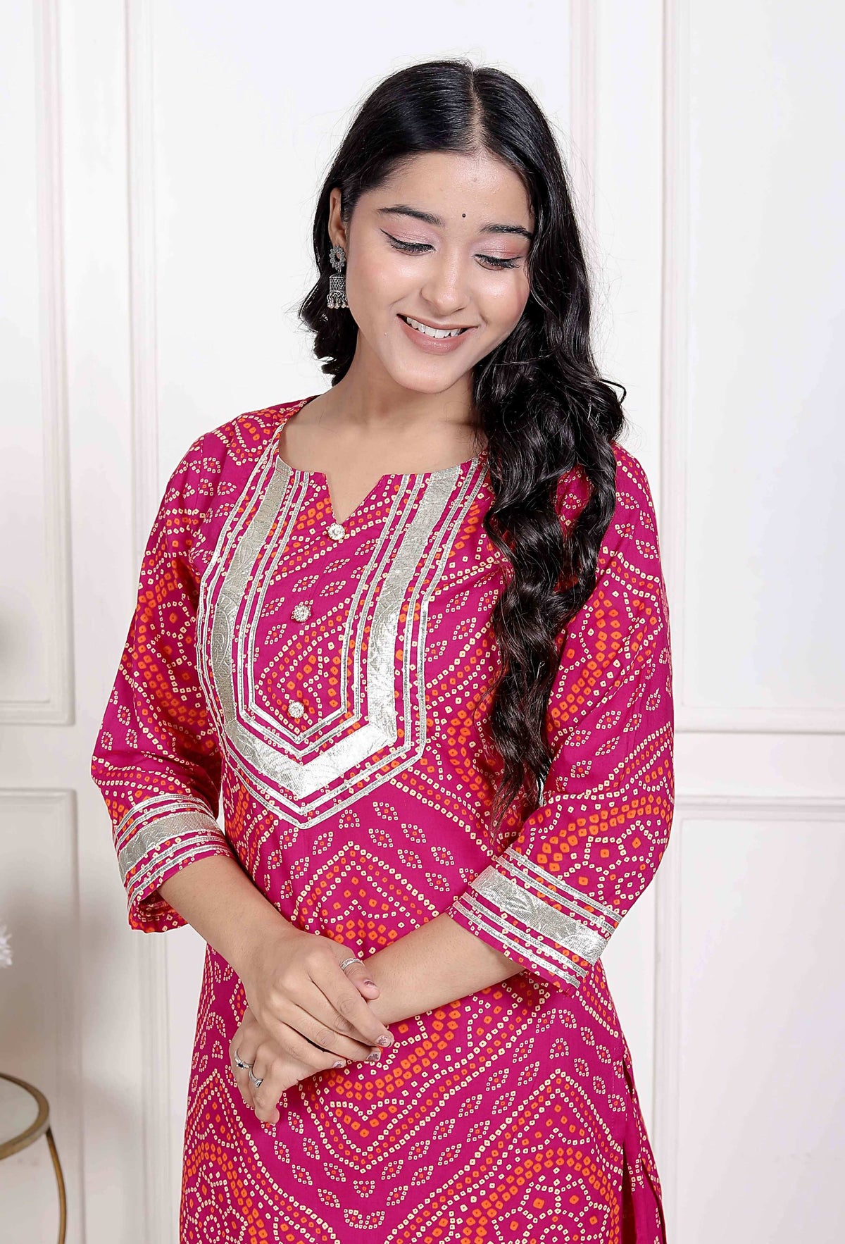 Miravan Women's Pink Bandhani Printed Straight Kurta with Palazzo & Dupatta | Grocsy