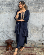 The52 Blue Women's Gorgeous Embroidered Viscose Chanderi Fabric Straight Kurta Pant with Dupatta Set | Grocsy