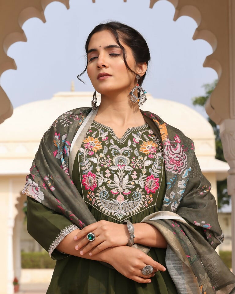 Jyoti Fashion Women's Mehendi Cotton Silk Hand Work with Floral Printed Kurta Set | Grocsy