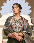 Jyoti Fashion Women's Mehendi Cotton Silk Hand Work with Floral Printed Kurta Set | Grocsy