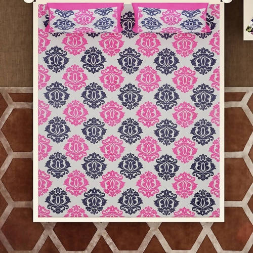 Vamika Printed Cotton White & Pink Flower Design Bedsheet With Pillow Covers (LEOC_PPNKC_P) | Grocsy
