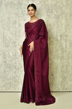 Wine Silk Solid Designer Saree with Blouse - Purvi | Grocsy
