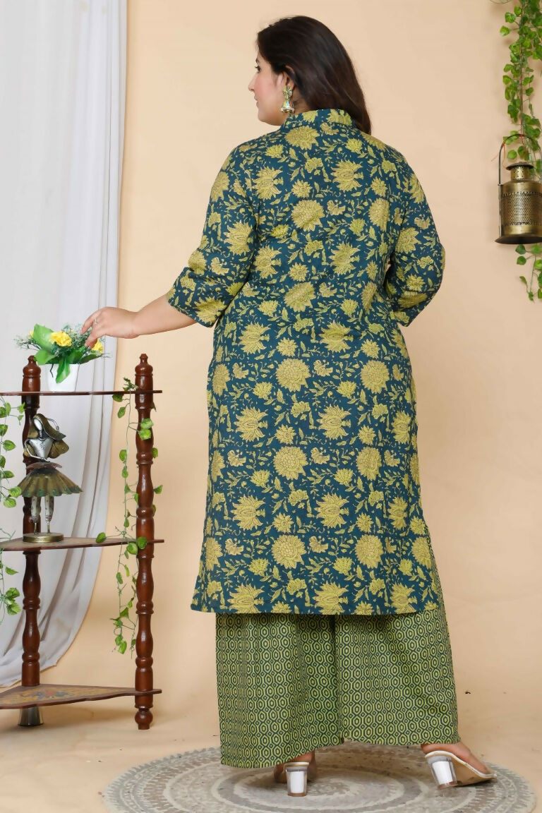 Miravan Women's Plus Size Green Floral Pure Cotton Kurta With Sharara | Grocsy