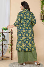Miravan Women's Plus Size Green Floral Pure Cotton Kurta With Sharara | Grocsy