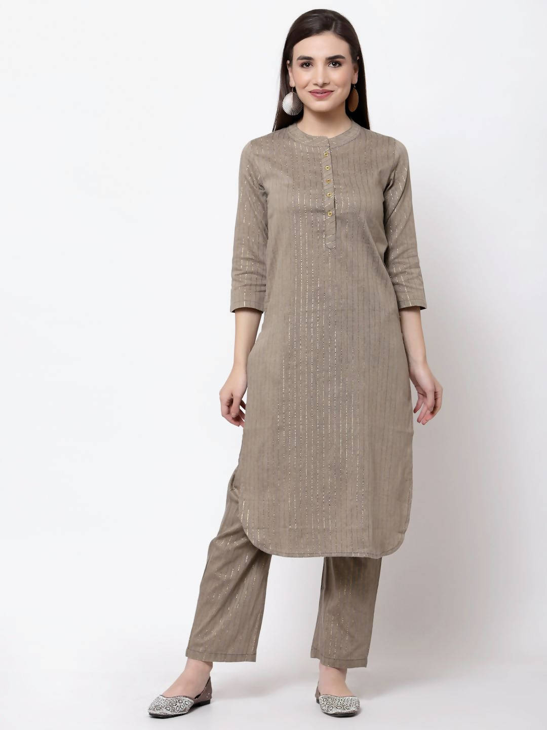 Myshka Women's Khaki Cotton Solid 3/4 Sleeve Mandarin Neck Casual Kurta Pant Dupatta Set | Grocsy