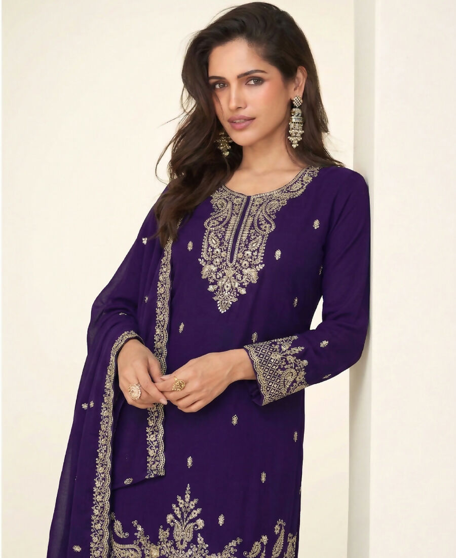 KC Purple Georgette Heavy Embroidered Fancy Suit For Women | Grocsy