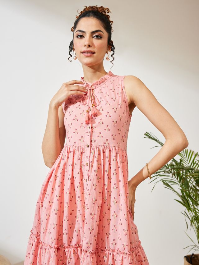 Janasya Peach Fit & Flare Cotton Dress | Grocsy