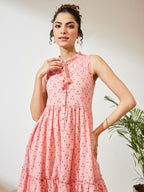 Janasya Peach Fit & Flare Cotton Dress | Grocsy