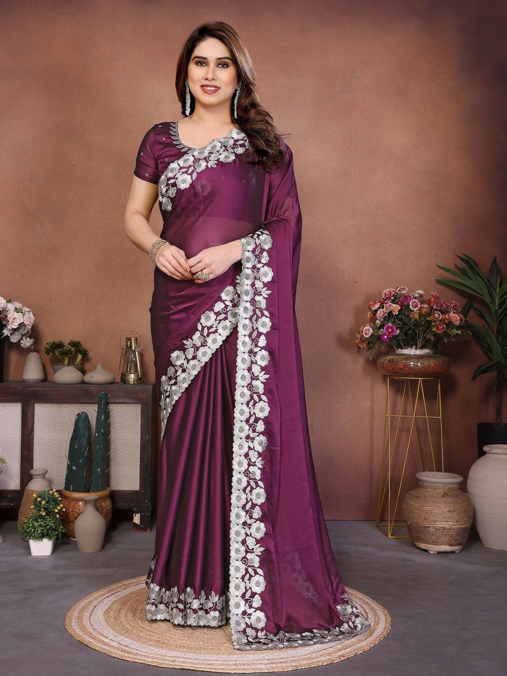 Teeya Creation New Trendy Stylish Party Wear Silk Saree-Wine | Grocsy