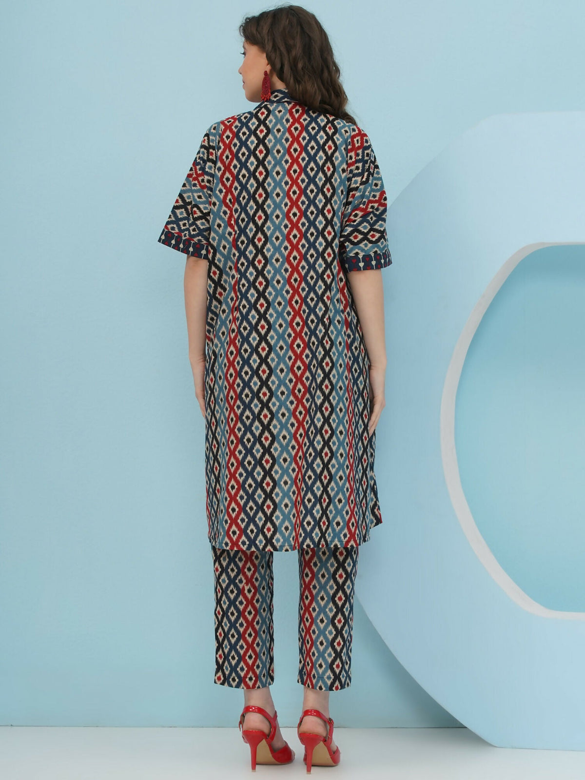 Joban Fashion Ikkat Kaftan Set - Blue Red | Grocsy