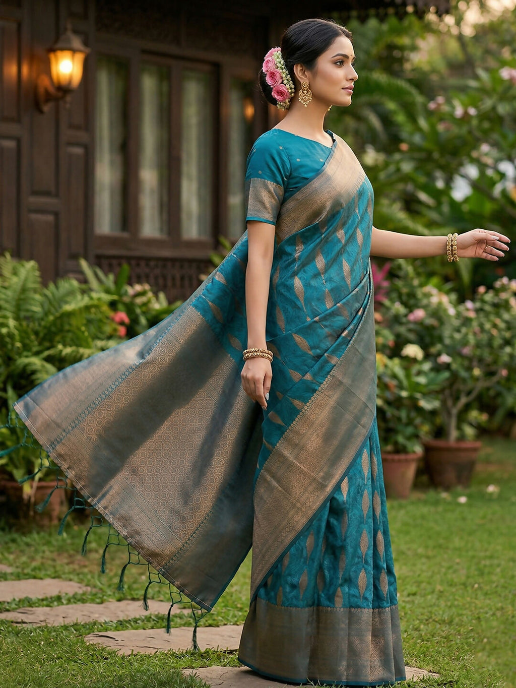 Shree Shyam Fashion Rama Blue Silk Blend Saree | Grocsy