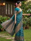 Shree Shyam Fashion Rama Blue Silk Blend Saree | Grocsy