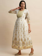 White And Yellow Pure Cotton Floral Printed Anarkali Kurta And Bottom With Dupatta - Akashara | Grocsy
