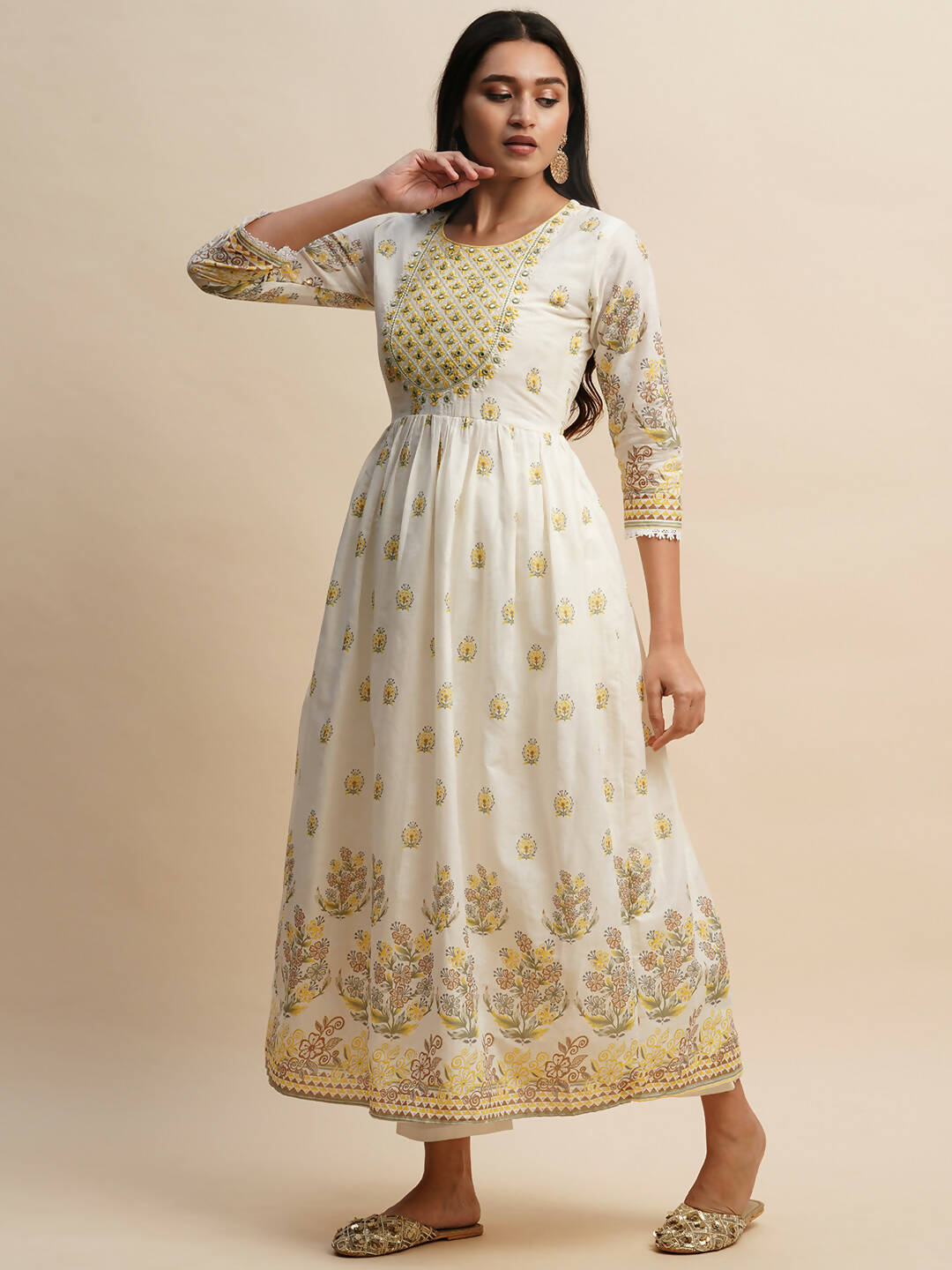 White And Yellow Pure Cotton Floral Printed Anarkali Kurta And Bottom With Dupatta - Akashara | Grocsy