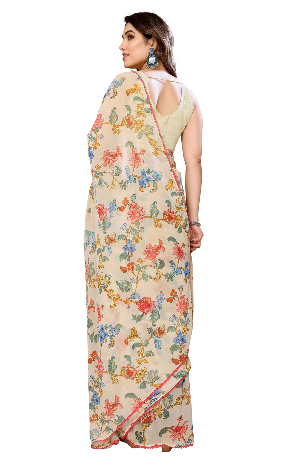 Women's Partywear Designer Off white Georgette Fancy Saree - Satrangi | Grocsy