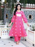 Miravan Women's Jaipuri Moti And Chikan Embroidered & Lace Embellished Pink Bandhani Printed Palazzo Set | Grocsy