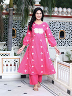 Miravan Women's Jaipuri Moti And Chikan Embroidered & Lace Embellished Pink Bandhani Printed Palazzo Set | Grocsy