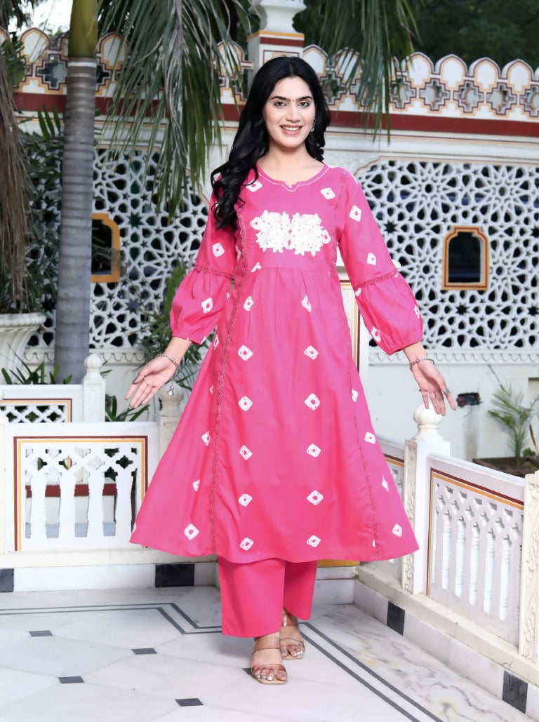 Miravan Women's Jaipuri Moti And Chikan Embroidered & Lace Embellished Pink Bandhani Printed Palazzo Set | Grocsy