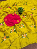 Teeya Creation Yellow Rangoli Silk Embroidery Work Party Wear Designer Saree | Grocsy
