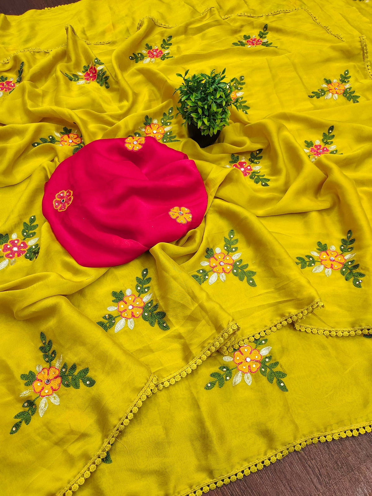 Teeya Creation Yellow Rangoli Silk Embroidery Work Party Wear Designer Saree | Grocsy