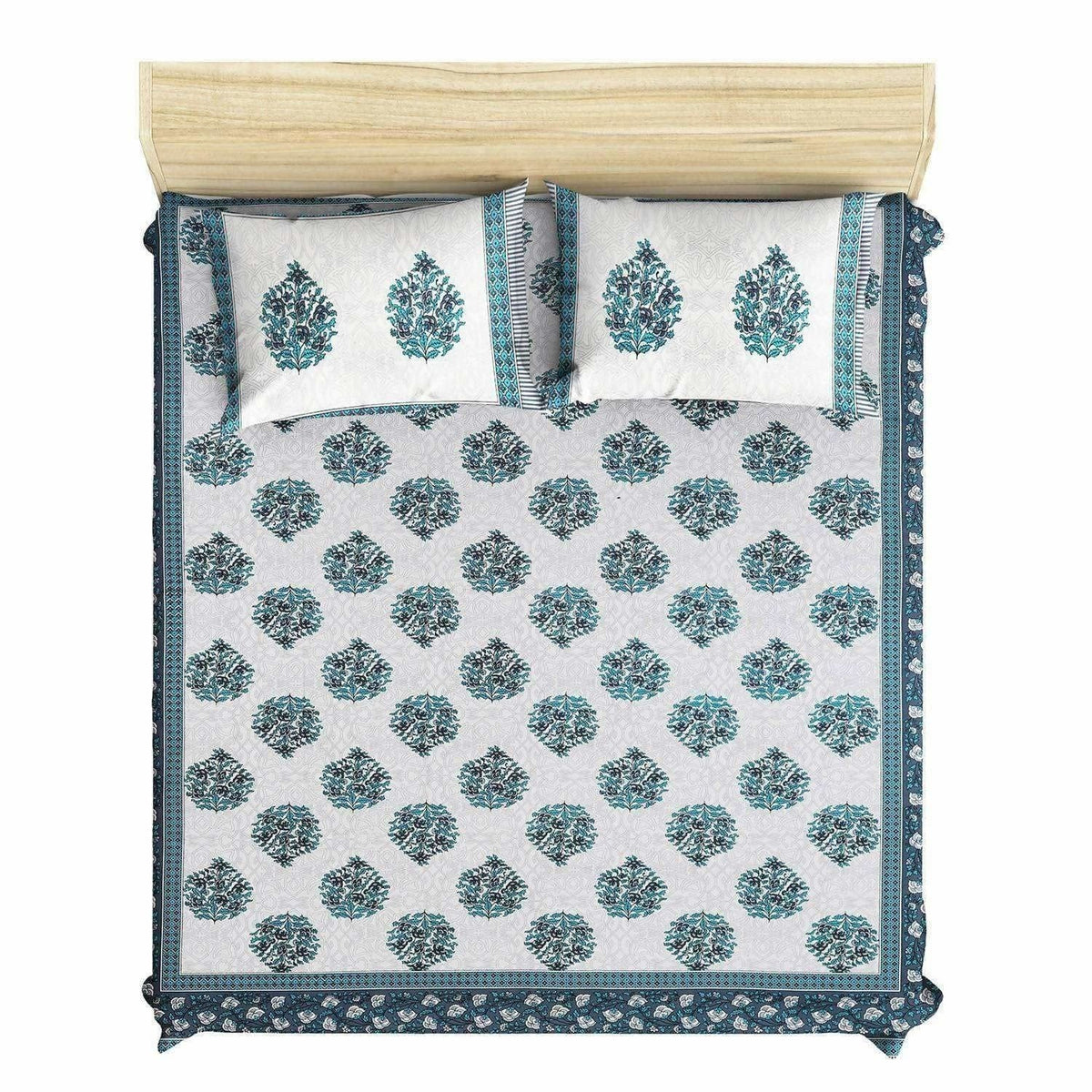 Queen Size 230x270 Cms Jaipuri Hand Block Printed Traditional 144TC Cotton Bedsheet with 2 Pillow Covers | Grocsy