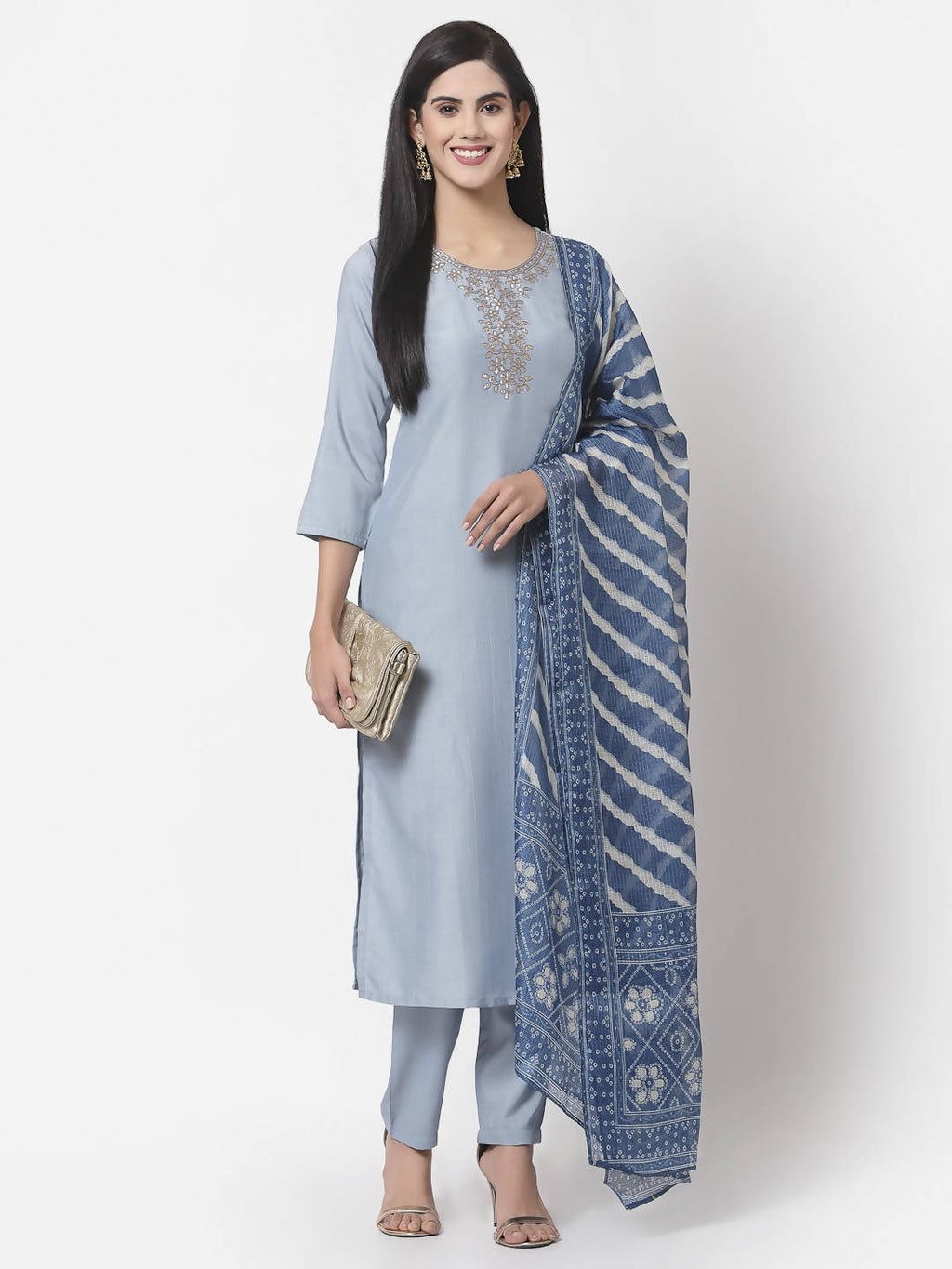Myshka Women Light Blue Silk Blend Embroidered 3/4 Sleeve Round Neck Kurta Pant Dupatta Set | Grocsy